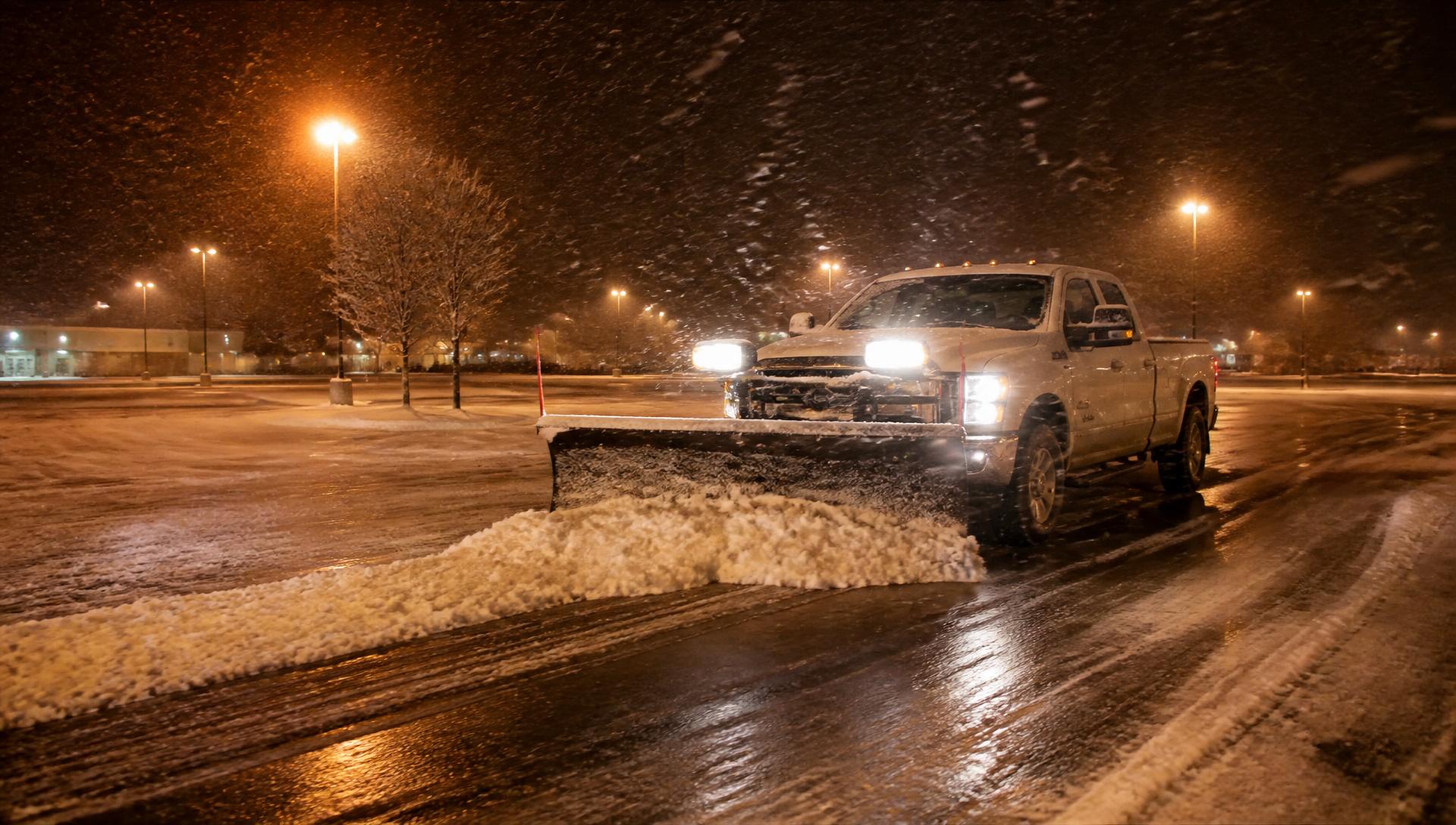 Plow truck clearing a snow-covered commercial parking lot at night