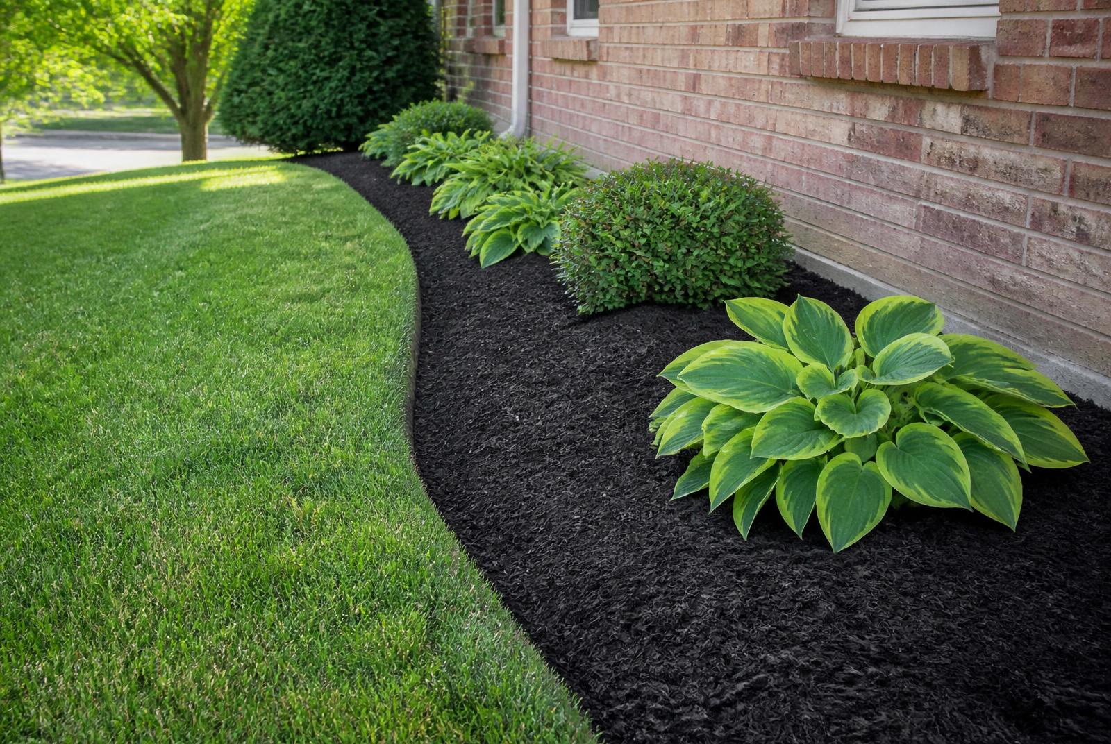 Freshly mulched landscape bed with a crisp spade-cut edge against green lawn