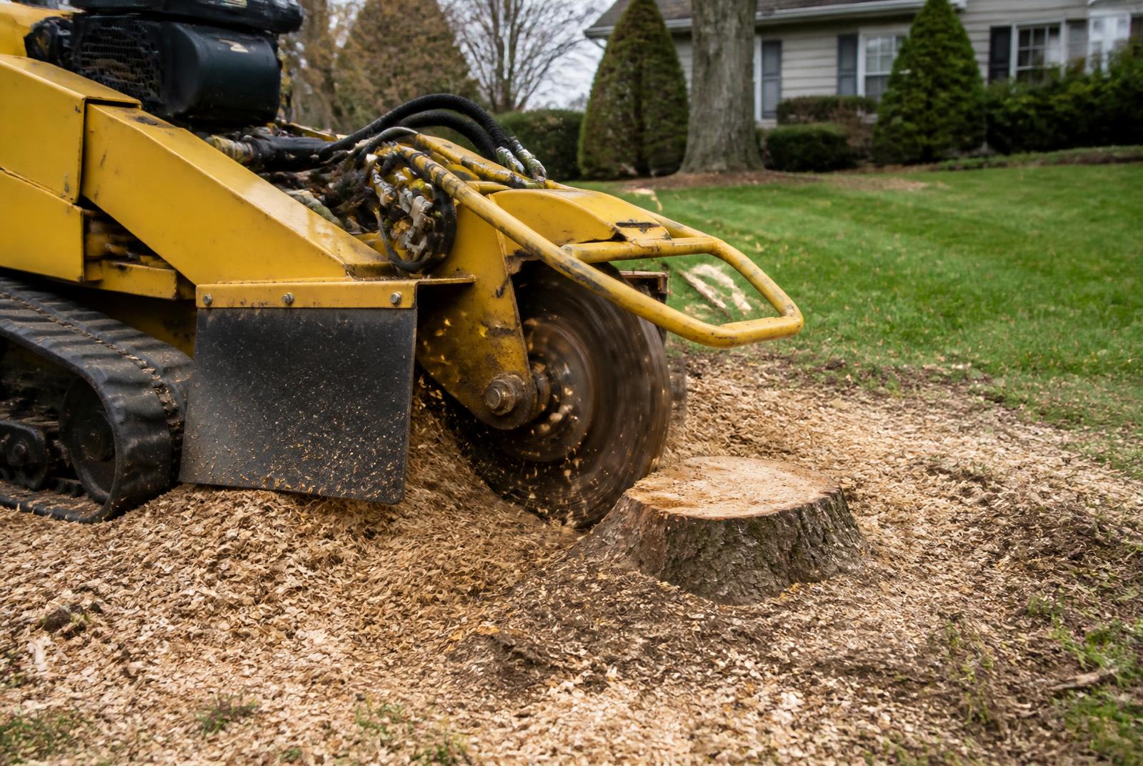 Stump grinder cutting a tree stump below grade in a residential lawn